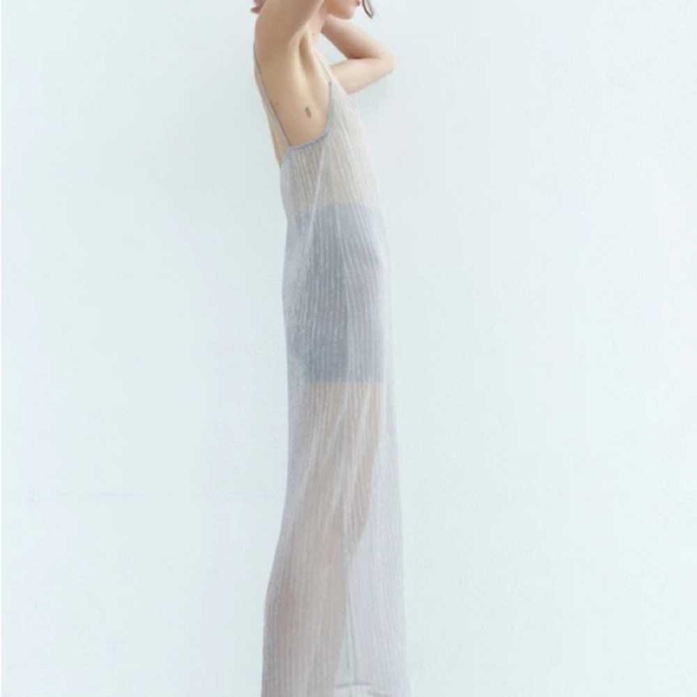 Zara Silver Metallic Sheer Maxi Dress | Slip Dress | Size L | NWT